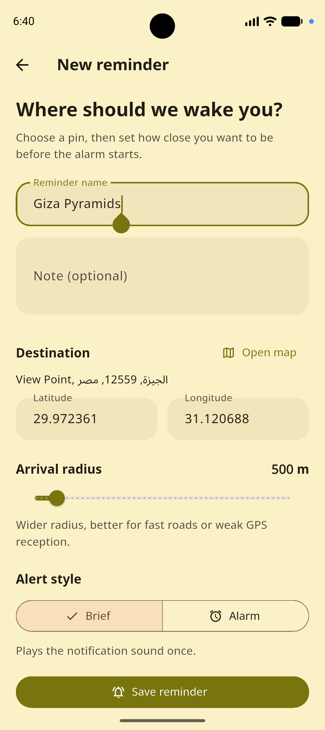 Loc reminder editor with radius and alert controls