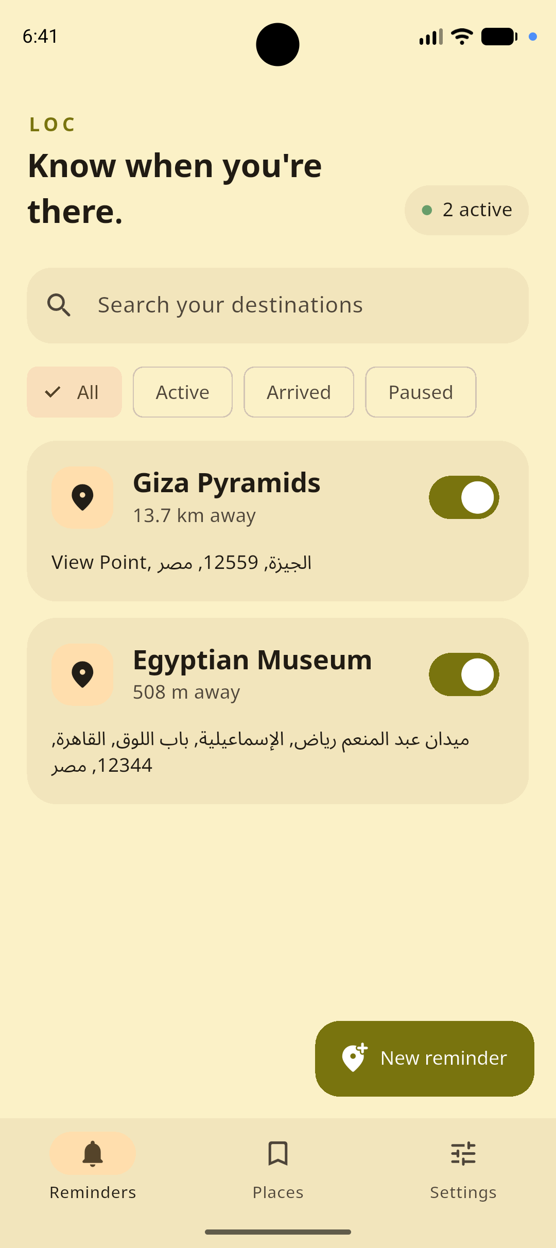 Loc reminders screen showing active destinations